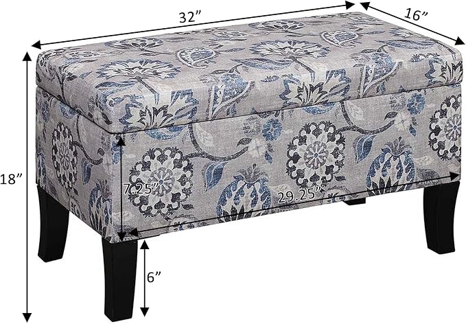 Convenience Concepts Designs4Comfort Winslow Storage Ottoman Bench 32" - Transitional Upholstered Footstool & Seat, for Living Room, Entryway, Hallway, & Bedroom, Gray Flora Fabric