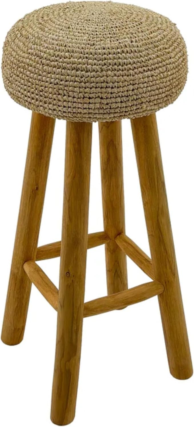 NORDIC STYLE TEAK Kuta Natural Teak Wood Indoor Branch Stool and Accent Seat with Raffia Seat - 18.5" - 30" (30" Height)