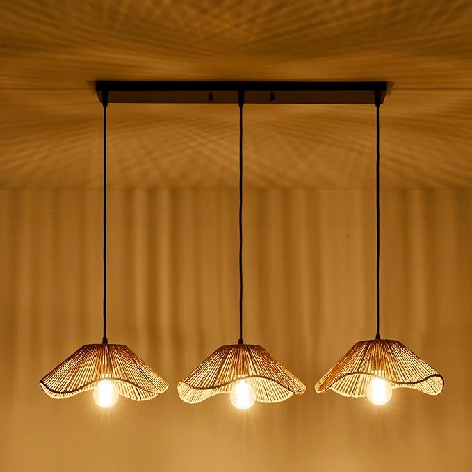 Bobo 3 Light Pendant Light, Hard Wired Hanging Chandelier with 12” Flower Paper Rope Rattern Shade,Suspended Lighting Fixture for for Kitchen Island Dining Bedroom Living Room Restaurants