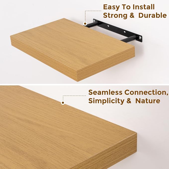 Oak Floating Shelves for Wall, 16 inch Floating Wall Shelves 9.3in Deep Wooden Shelving Book Shelves for Living Room Bathroom Bedroom Kitchen Storage & Organizer, 16 x 9.3 x 1.5 in, 2 Packs