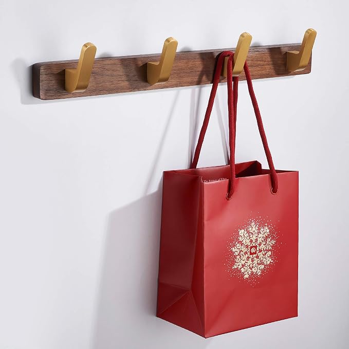 Wall Mounted Coat Rack, Entryway Hanging Coat Rack, Metal Wood Coat Rail with 4 Rustic Hooks Rail for Coat, Scarf, Bag, Towel, Key, Cap, Hat, Walnut Gold Matt