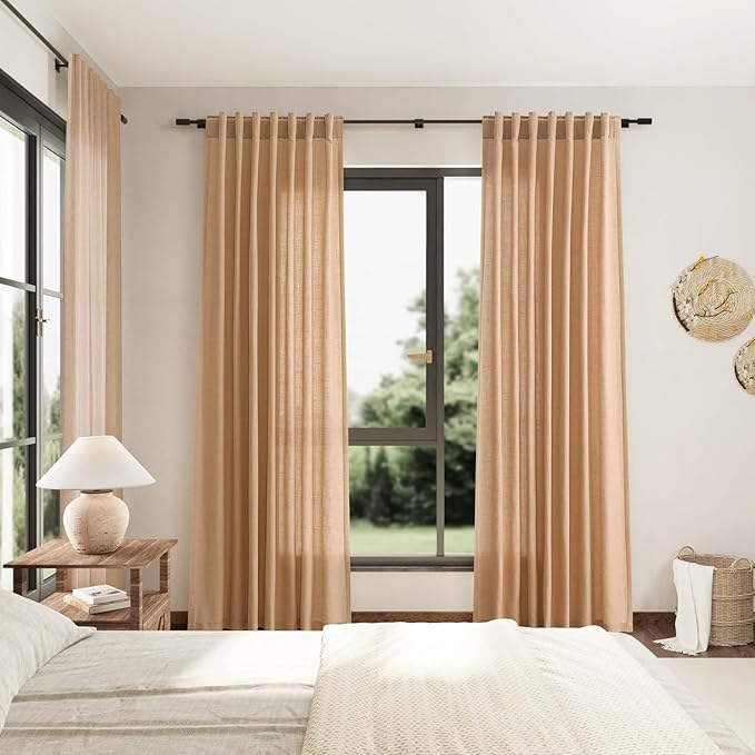 Nanspring Camel Linen Curtains for Living Room Extra Long 112 Inches Long Back Tab Light Filtering Semi Sheer Curtain Vintage Rustic Decor Floor to Ceiling High Window for Bedroom 52x112, 2 Panels