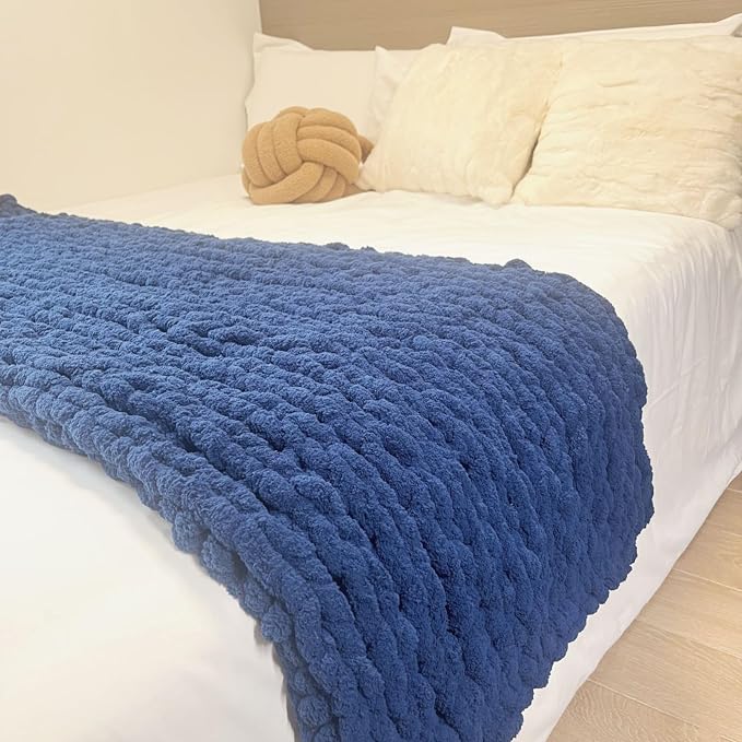 Soft Chunky Knit Throw Blanket for Couch, Cozy Warm Knitted Blankets | Hand Knit with Jumbo Chenille, Lightweight Warm Fluffy Decor for Women, Mom, Her & Girls, Sofa, Chair, Bed,40"×40"(Navy Blue)