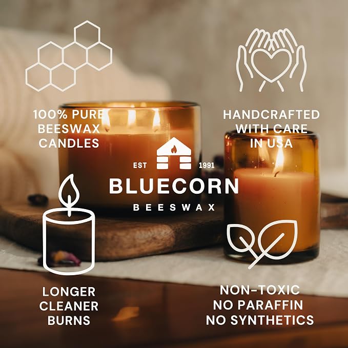 Bluecorn Beeswax 3-Wick Candle, 22 Oz, Amber Glass, 1 Count | 100% Pure Bees Wax, Fragrance Free, Soy Free, Clean Burning, Long Lasting (40 Hr)