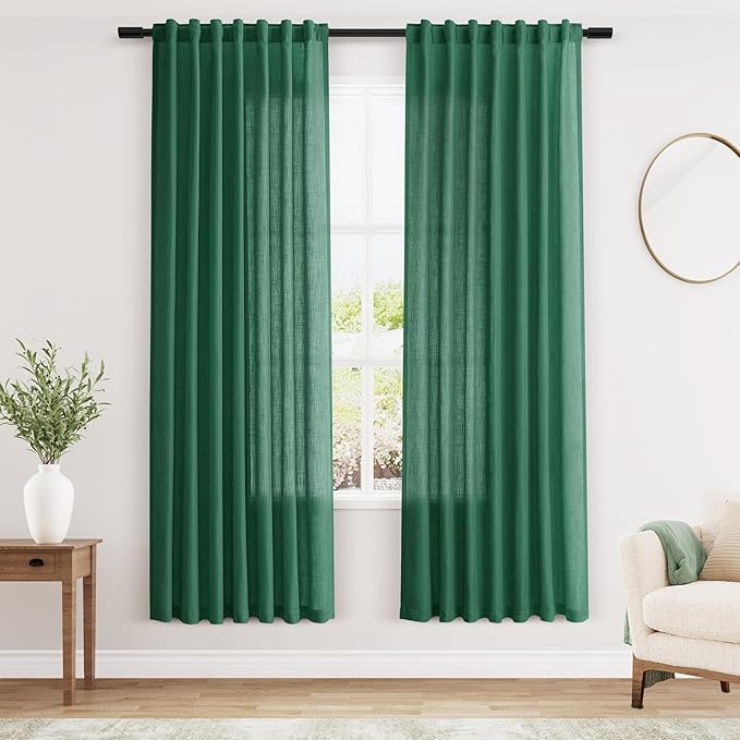 Dark Green Linen Curtains 72 Inch Length for Living Room Sheer Lightweight Door Drapes 2 Panels Set for Kids Bedroom Light Filtering Back Tab Rod Pocket Curtain for Kitchen Protect Privacy 52x72