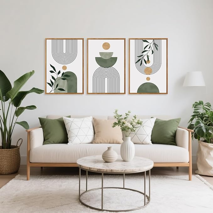TOARTi Large Framed Boho Botanical Canvas Wall Art Set, Abstract Bohemian Sage Green Wall Decor, Mid Century Modern Neutral Geometric Leaf Art Prints for Living Room Bedroom Office-16”x24”x3