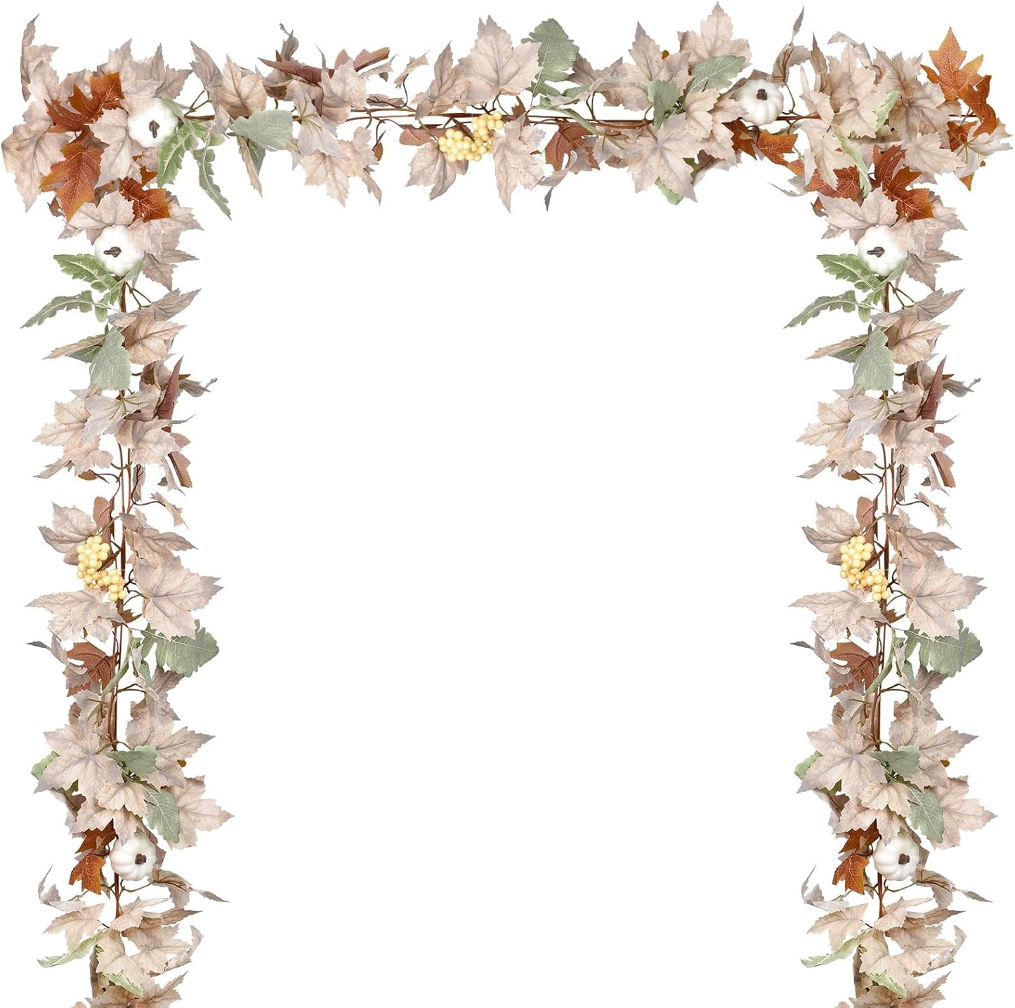 Lvydec Fall Maple Leaves Garland Decoration - 5.8ft Artificial Fall Foliage Garland with White Pumpkins Autumn Decor for Halloween Thanksgiving Home Table Decor (White)