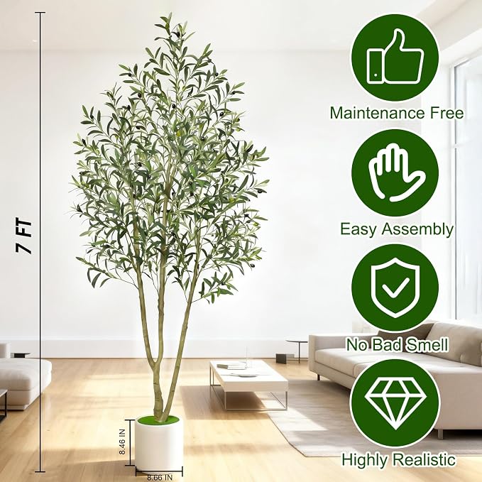 Timoo Faux Olive Tree 7FT Tall Olive Trees Artificial Indoor with White Tall Planter, Artificial Plants Indoor Faux Tree with Realistic Leaves and Fruits, Fake Plant for Home Office Decor