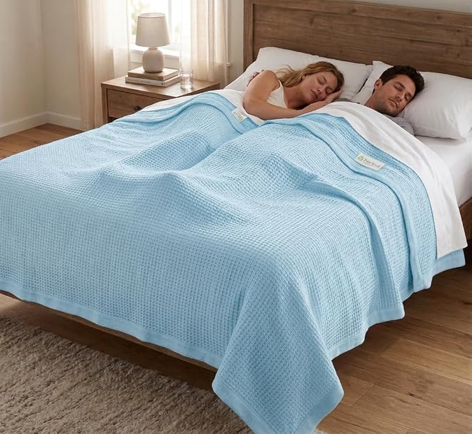 TreeWool Premium 100% Cotton Waffle Summer King Blanket (90"x108", L Blue) | 420 GSM Breathable Lightweight Moisture Wicking Soft Knit Thermal Blanket for Bed or Sofa All-season Comfort Machine Washable