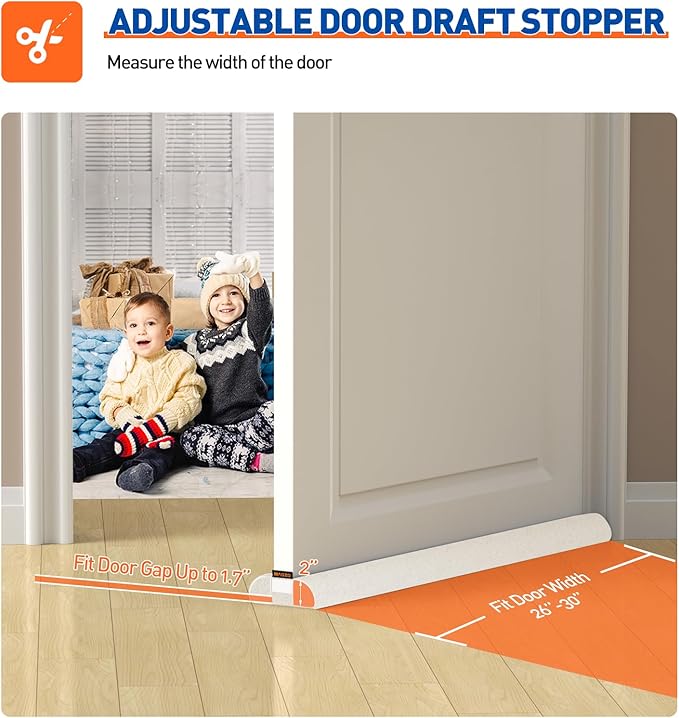 MAGZO Door Draft Stopper, 30 Inch Adjustable Under Door Gap Filler, Fits 26'' - 30'' Bottom Widths, Seals Gaps up to 1.7", Soundproof Sweep Blocks Air, Noise, Light, Dust- White