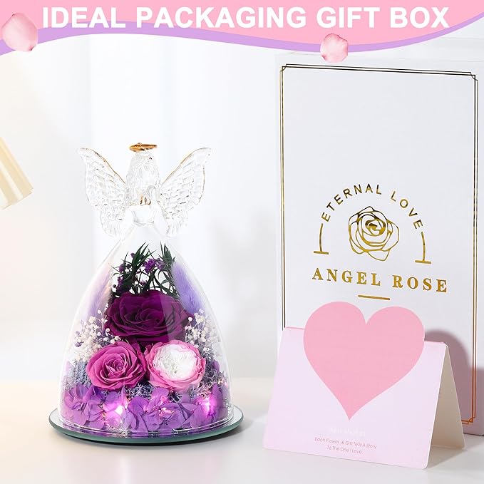 Mothers Day Rose Gifts for Women Preserved Real Flower in Glass Angel Figurines Roses for Delivery Prime Birthday Gifts for Mom Grandma Girlfriend Wife Her, Purple Austin Roses