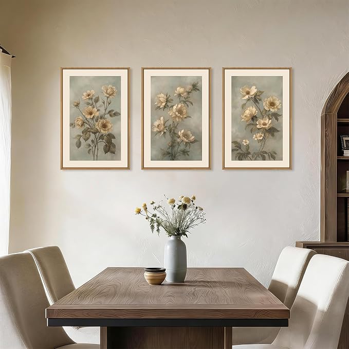 KAIRNE Vintage Botanical Flower Framed Canvas Wall Art Set,Boho Green Beige Floral Wall Decor,Rustic Wildflower Art Prints,Modern Minimalist Artwork for Living Room,Bedroom,Farmhouse,Office-24 x36 x3