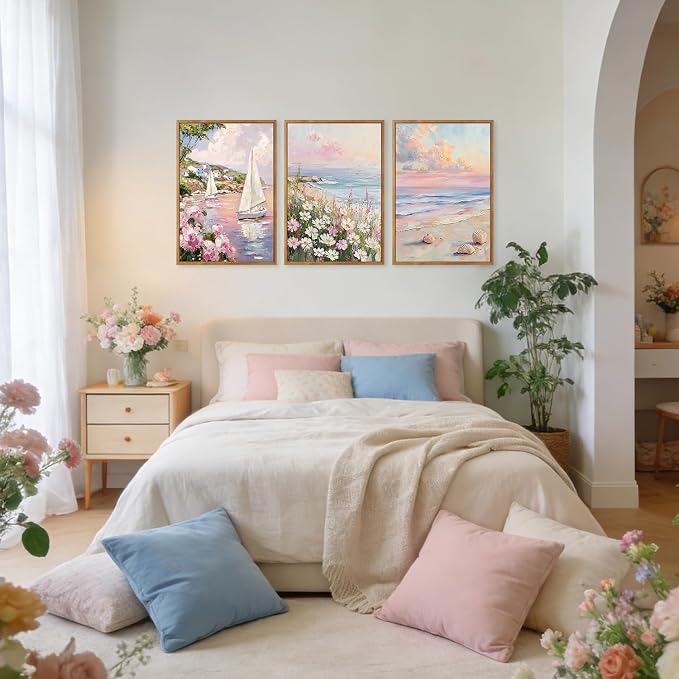TOARTi Framed Pastel Coastal Sailboat Canvas Wall Art Set, Pink Beach Daisy Floral Wall Decor, Watercolor Spring Ocean Seascape Wildflower Art Prints for Farmhouse Living Room Bedroom Office-16”x24”x3