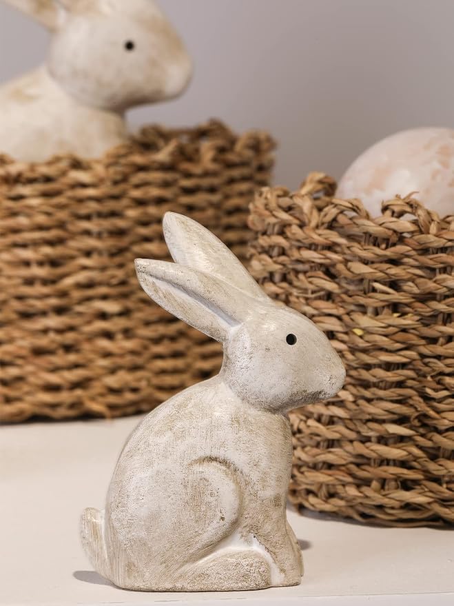 DN DECONATION Wooden Antique White 3D Bunny Rabbit Figurines for Spring Easter Decor Gift Set of 2