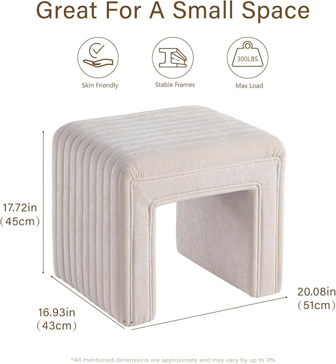 Get Set Style Vanity Stool Chair,Modern Linen Ottoman Foot Stool with Wooden Legs Sofa Bench Footstool Extra Seat for Vanity,Makeup Room,Living Room,Entryway,Office (Fully Assembled) (Beige)