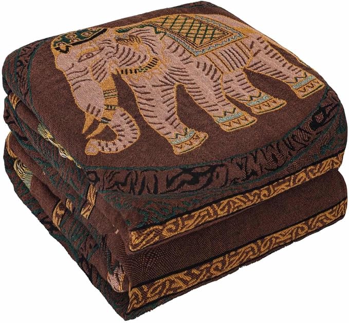 Boho Throw Blanket for Bed with Tassels,100% Cotton Ultra Soft and Cozy Large Blanket Elephant Printed Farmhouse Decor Bed Blankets,90"×98" All Season Rustic Throw for Sofa Couch Chair-Brown