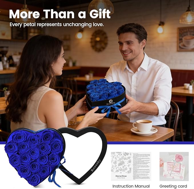Valentines Day Flowers Roses Gifts for Her,16pcs BlueForever Preserved Roses in Heart Shape Gift Box,Valentines Day Delivery Prime Gifts-Roses Gifts for Women,Mom.