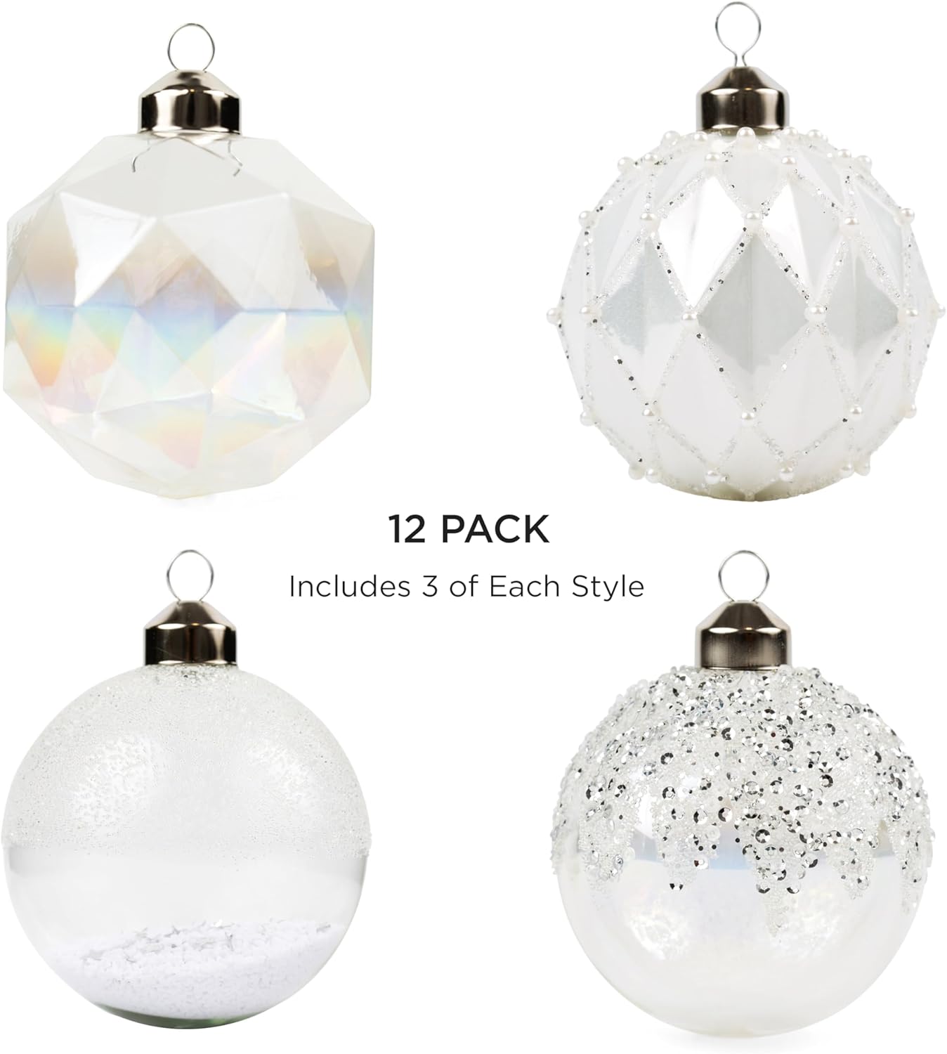 Papyrus 12 Piece Crystal Christmas Glass Ornament Set, 3.15" Dia, 4 Styles Equally Assorted