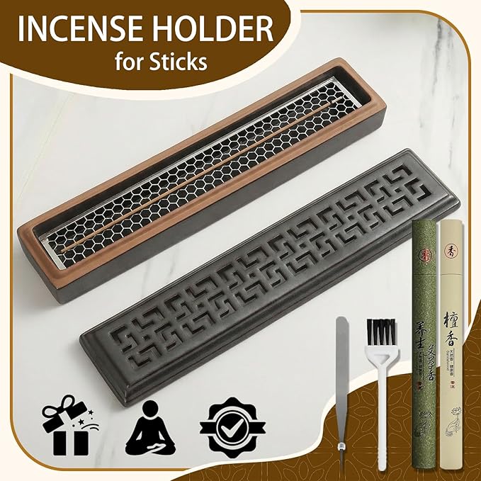 CEREMONY Incense Holder,Ceramic Incense Holder for Sticks with Ash Catcher,Coffin Style Incense Box,Incense Burner for Meditation Yoga Spa Room Decor(Brown)