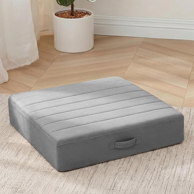 MeMoreCool Square Floor Pillow for Adults and Kids, Large Meditation Cushion with Thick Foam and Washable Tufted Cover, 24-Inch Grey Seat for Sitting and Yoga