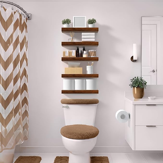 Sorbus Floating Shelves for Wall – 16 Inch Floating Shelf for Kitchen, Bedroom, Living Room, Bathroom, Home & Wall Decor - Mounted Bathroom Shelves with Invisible Brackets (Walnut, 5 Pack)