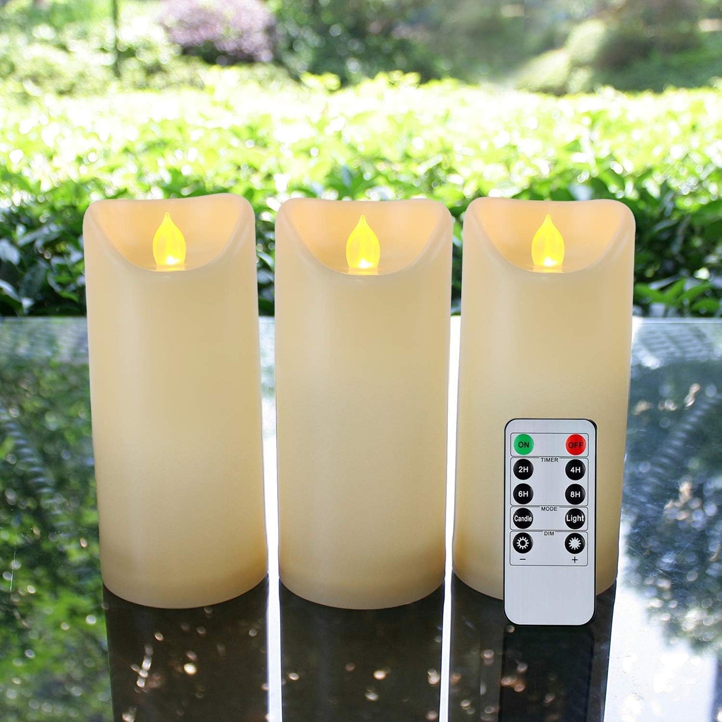 Homemory 3"x7" Outdoor Waterproof Flameless Candles with Timers and Remote Control, Battery Operated Candles, LED Plastic Candles, Ivory, Set of 3