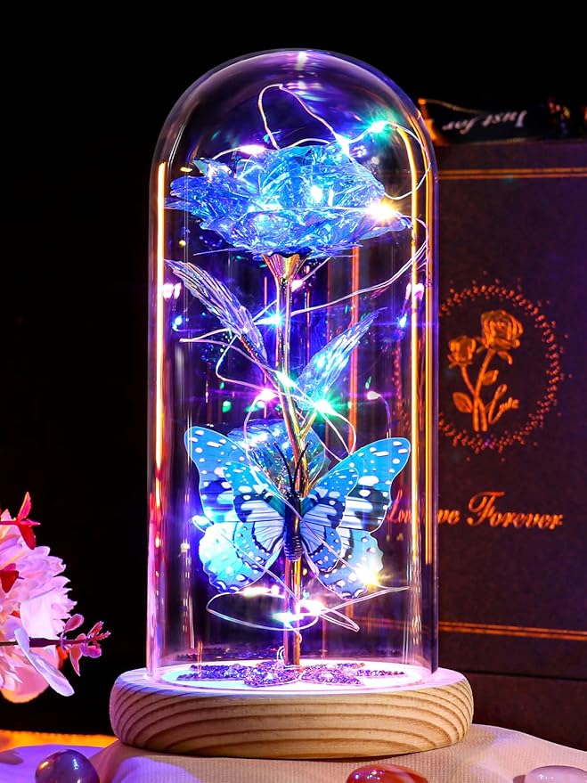 Beferr Birthday Gifts for Women Galaxy Glass Rose Forever Preserved Flowers for Delivery Light Up Rose in Glass Dome Mothers Day Butterfly Gifts for Mom Wife Grandma Her Daughter Girlfriend