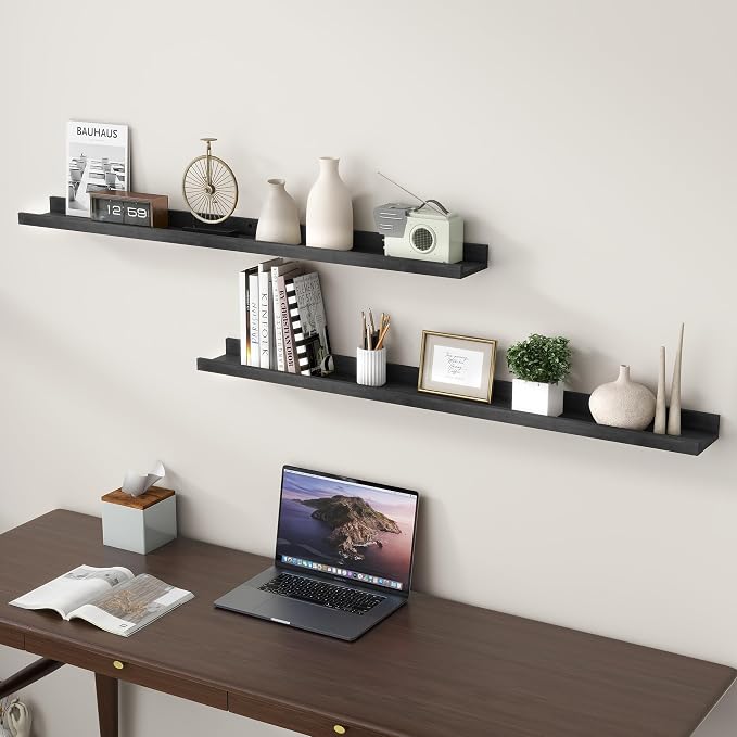 FLYJOE Picture Ledge Shelf, Floating Shelves Set of 2, Solid Ash Wood 48'' Long Large Nursery Book Shelves for Toys Storage, Kids Bookshelf for Living Room Bedroom Decor Books Photo Frames, Black