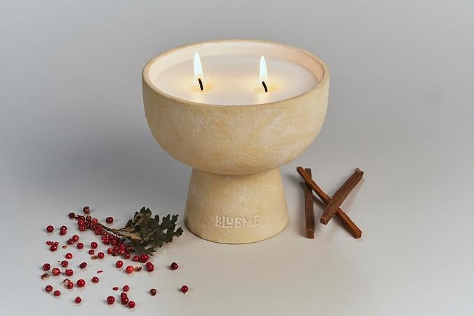 Blueme Romance Candle | Oakmoss & Sandalwood | 2 Wick - Refillable Wellness Candle with Essential Oils, Hand Finished & Poured Soy Wax Blend Ceramic Vessel, Natural Cotton Wicks | Medium 12 oz