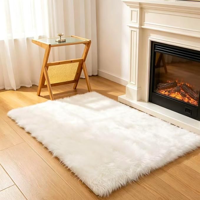Faux Fur Rug White Sheepskin Area Rug,Ultra Soft 4x6 ft Rectangular Shaggy Plush Rug for Bedroom Sofa Floor Bedside Living Room Kids Room