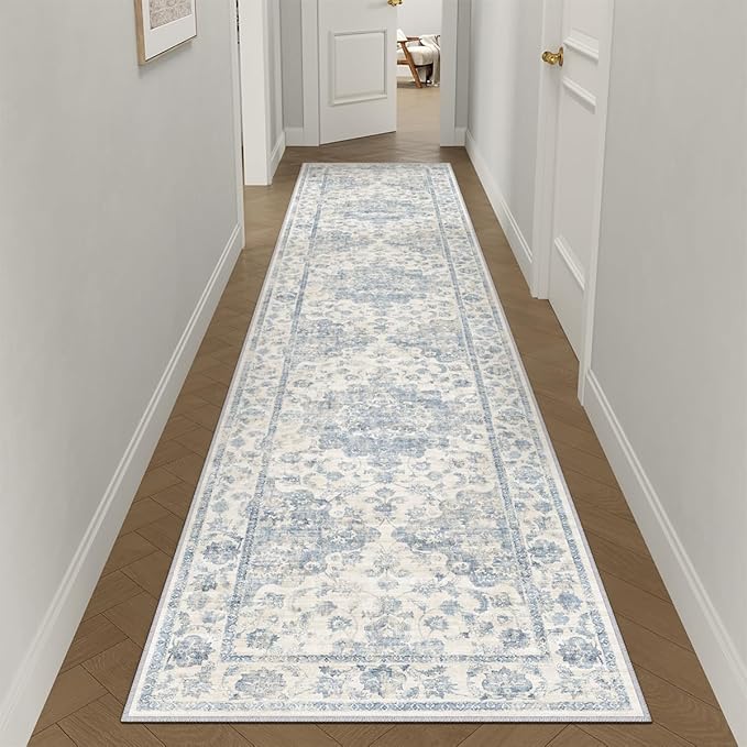 2x10 Washable Neutral Runner Rug Blue Vintage Hallway Kitchen Carpet Non-Slip Soft Low Pile Farmhouse Throw Rug for Bedroom Bathroom Laundry Living Room