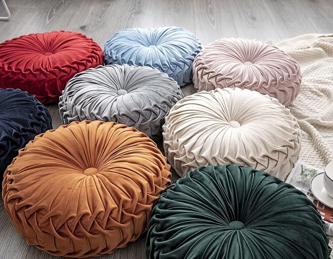 vctops Solid Velvet Seat Cushions Round Floor Pillows Thicken Chair Cushions Pleated Chair Pads Seat Pad Throw Pillows for Bedroom Living Room (Beige,Diameter 15")