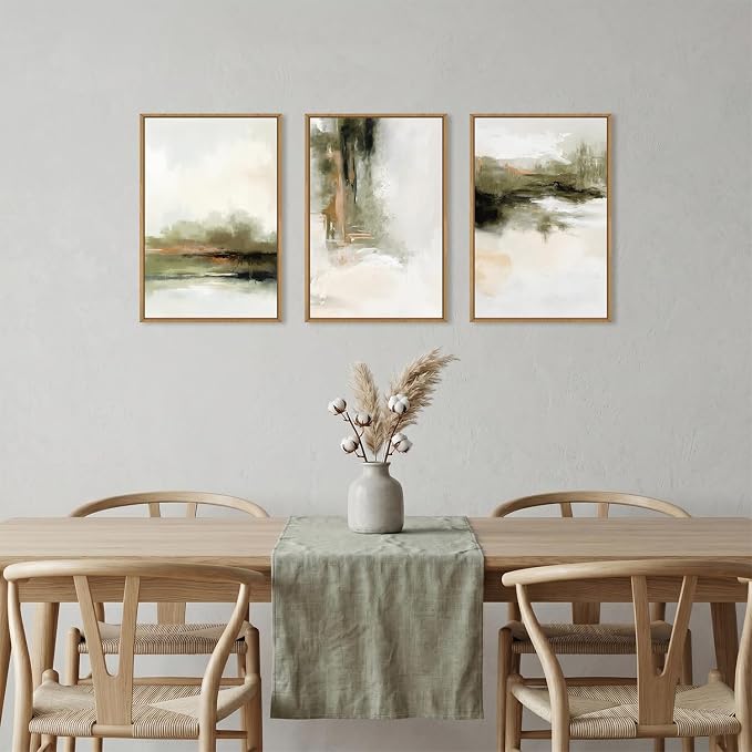 KAIRNE Green Abstract Neutral Framed Canvas Wall Art Set,Modern Watercolor Shapes Wall Decor,Minimalist Pastel Art Prints,Brown Gray Tan Artwork for Living Room,Bedroom,Farmhouse,Office-16 x24 x3