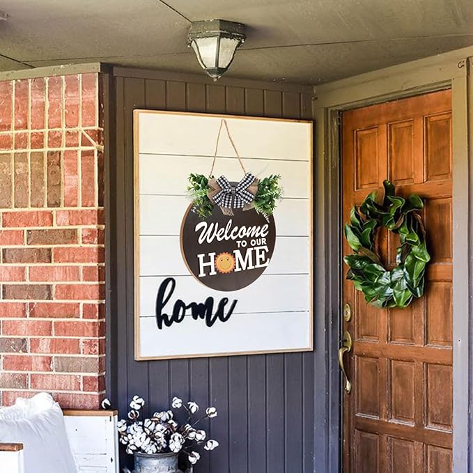 Interchangeable Welcome Sign for Front Door Decoration with 4 Seasonal Wreaths and 14 Holiday Icons, Black Welcome Door Hanger, Rustic Wooden Front Porch Sign Home décor（Black）