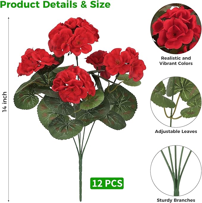 Ouddy Decor Artificial Geranium Flowers for Outdoors, Fake Silk Flowers UV Resistant Faux Geraniums for Vase Planter Garden Patio Balcony Porch Indoor Outdoor Spring Summer Home Decor, 12 Pcs Red