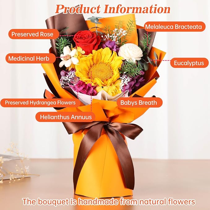 Jtoder Forever Flowers for Delivery, Preserved Flower Bouquets, Long Lasting Orange Sunflower Roses, Gifts Bouquet for Mother Wife Girlfriend on Festivals Birthday Anniversary
