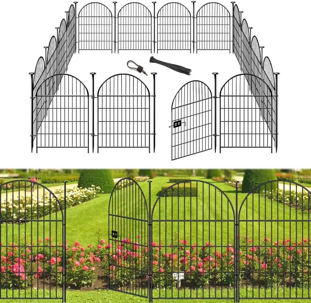 Garden Fencing Animal Barrier 24 Panels, 32 in(H) x 54 Ft(L) No Dig Fences for Dogs, Black Rustproof Metal Wire Garden Fence with Gate, Temporary Dog Fence for Patio Outdoor Yard