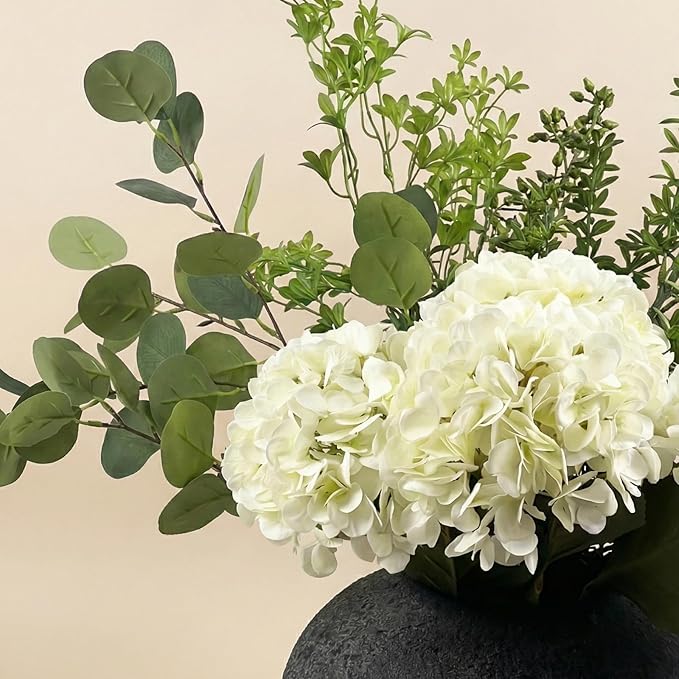Faux Arrangement - Eucalyptus & White Hydrangea Flowers, Large Artificial Floral Greenery Centerpieces for Tables, Modern Farmhouse Decor for Dining Room, Kitchen & Coffee Table, 30 inches Tall