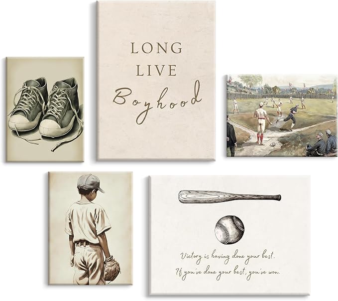 Baseball Nursery Wall Art Decor Vintage Boys Room Canvas Posters Sports Boy Pictures Baseball Vintage Nursery Painting Neutral Sport Kids Room Prints Wall Art for Bedroom 12x16x5 Inch Framed ﻿
