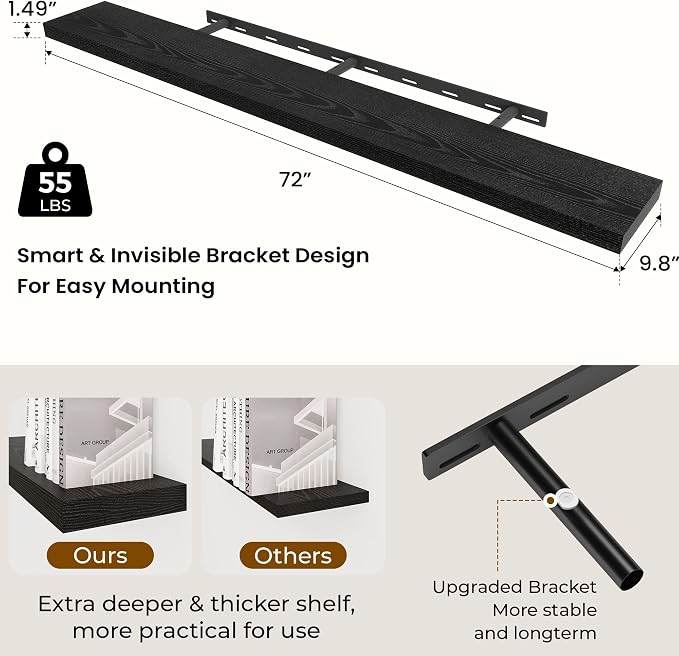 Dreamland 72Inch Black Floating Shelves 9.8" Deep Wall Mounted Set of 2 | Wall shelves for bathroom, bedroom, Living Room, kitchen, deep wall mount wood storage display for home decor 72" x 9.8"
