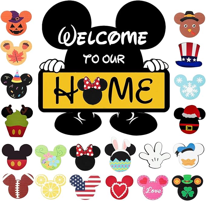 Cute Mouse Seasonal Interchangeable Welcome Door Sign, Welcome to Our Home Sign with 20pcs Interchangeable Holiday Pieces for Farmhouse/Wall/Porch Decor and Housewarming Gift (Yellow)