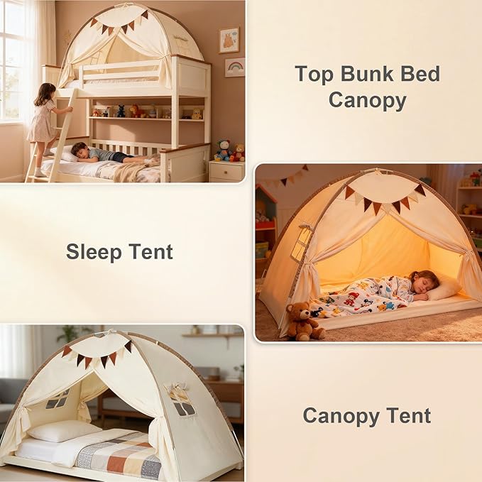 Redants Twin Bed Tent Canopy, Indoor Blackout Privacy Toddler Bed Tent for Kids with Light, Portable Sleeping Floor Kids Playhouse (Cream, Twin Size)