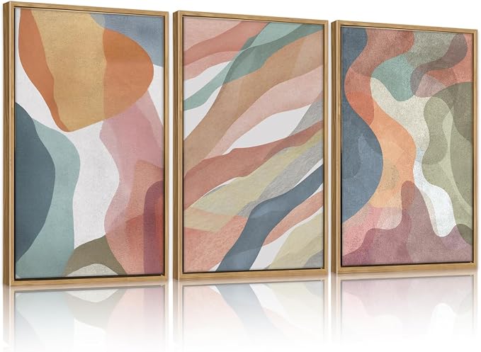 CHDITB Colorful Abstract Vibrant Pastel Framed Canvas Wall Art (24"x36"), 3 Panels Muticolor Modern Shape Block Groovy Artwork, Large Watercolor Minimalist Green Blue Yellow Aesthetic Art Decor Paintings for Bedroom Living Room Office