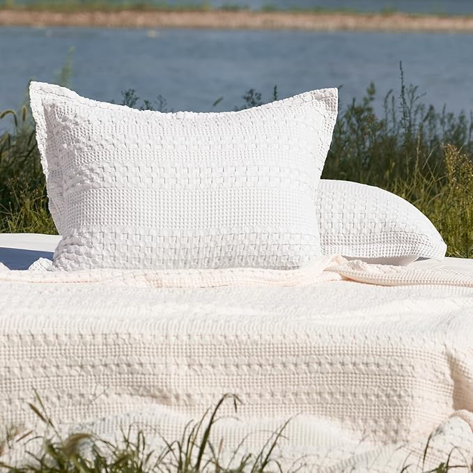PHF 100% Cotton Ruffle Waffle Pillow Shams Standard Size, 2 Pack 20" x 26" Soft Skin-Friendly Pillowcases, No Filling, Aesthetic Home Decor, Breathable Waffle Weave Bed Pillow Covers, White
