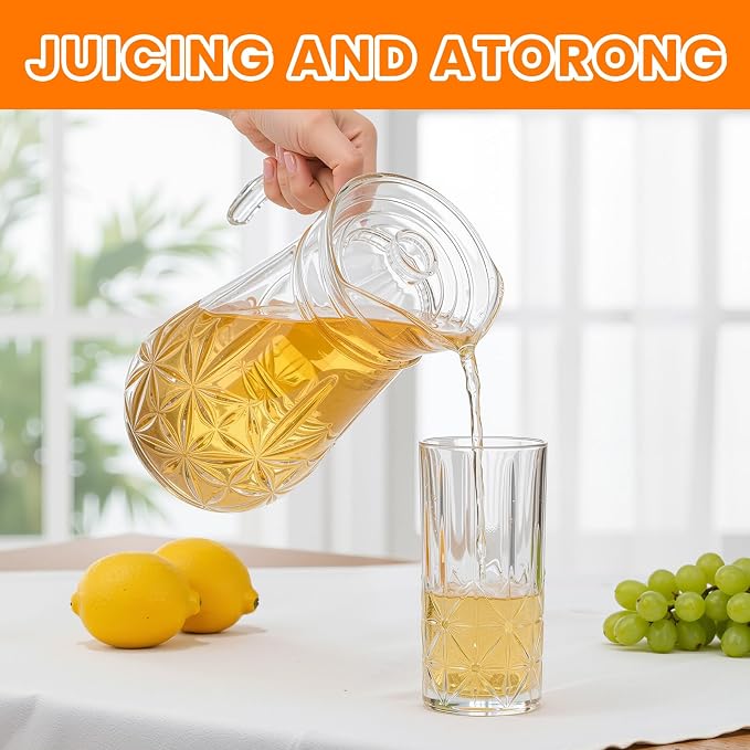 LemonRoad 7 Pcs Glasses Pitcher Drinkware Set 54oz Pitcher Carafe and 6 Tall Drinking Beverage Set, Jug with Lid and Spout for Juice, Iced Tea or Water(Crystle Style)