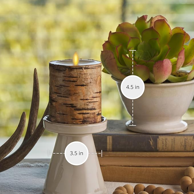 Luminara Real Birch Bark Wrapped Flameless LED Candle, 3.5" x 4.5", Battery Operated Moving Flame Pillar Light with Timer - Natural Decor Unscented