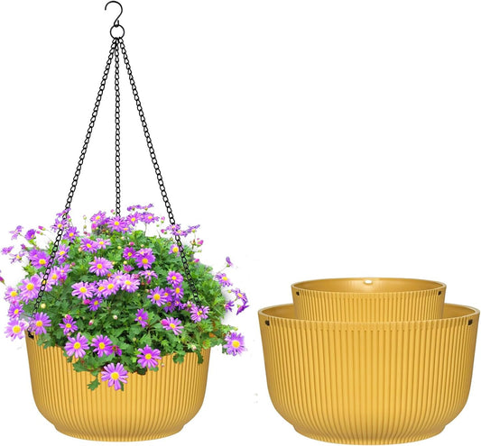 Hanging Planters 9/10/11 Inch for Indoor Plants, 3 Pack Plant Hanger Outdoor with Drainage Holes, Self Watering Hanging Basket Flower Pot for Garden Home Decor, Yellow