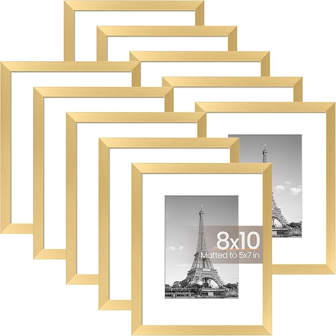 upsimples 8x10 Picture Frame Set of 10, Display Pictures 5x7 with Mat or 8x10 Without, Multi Photo Frames Collage for Wall or Tabletop Display, Gold