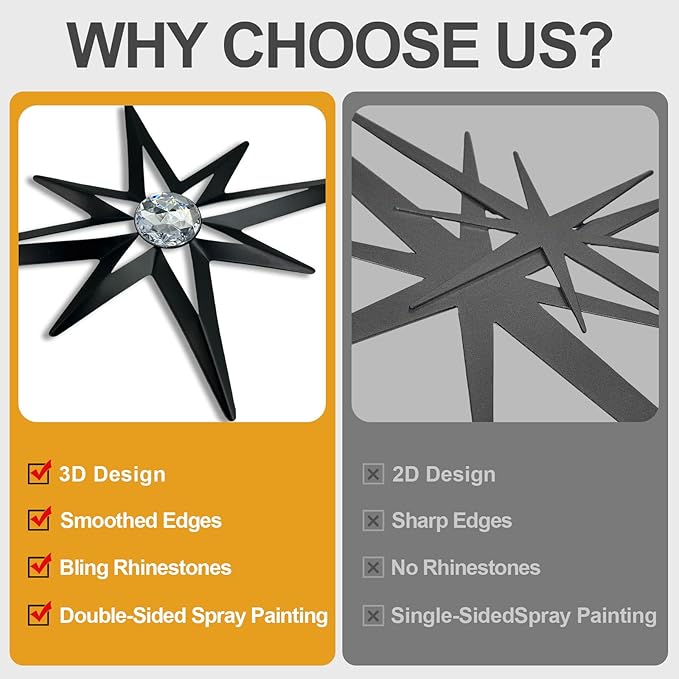 sxnzequnze 4 Pack Metal Star Wall Art 8 Pointed Starburst Wall Decor Set with 2 Large & 2 Small Pieces Mid Century Celestial Metal Wall Sculpture for Bedroom Living Room Office Gallery Wall