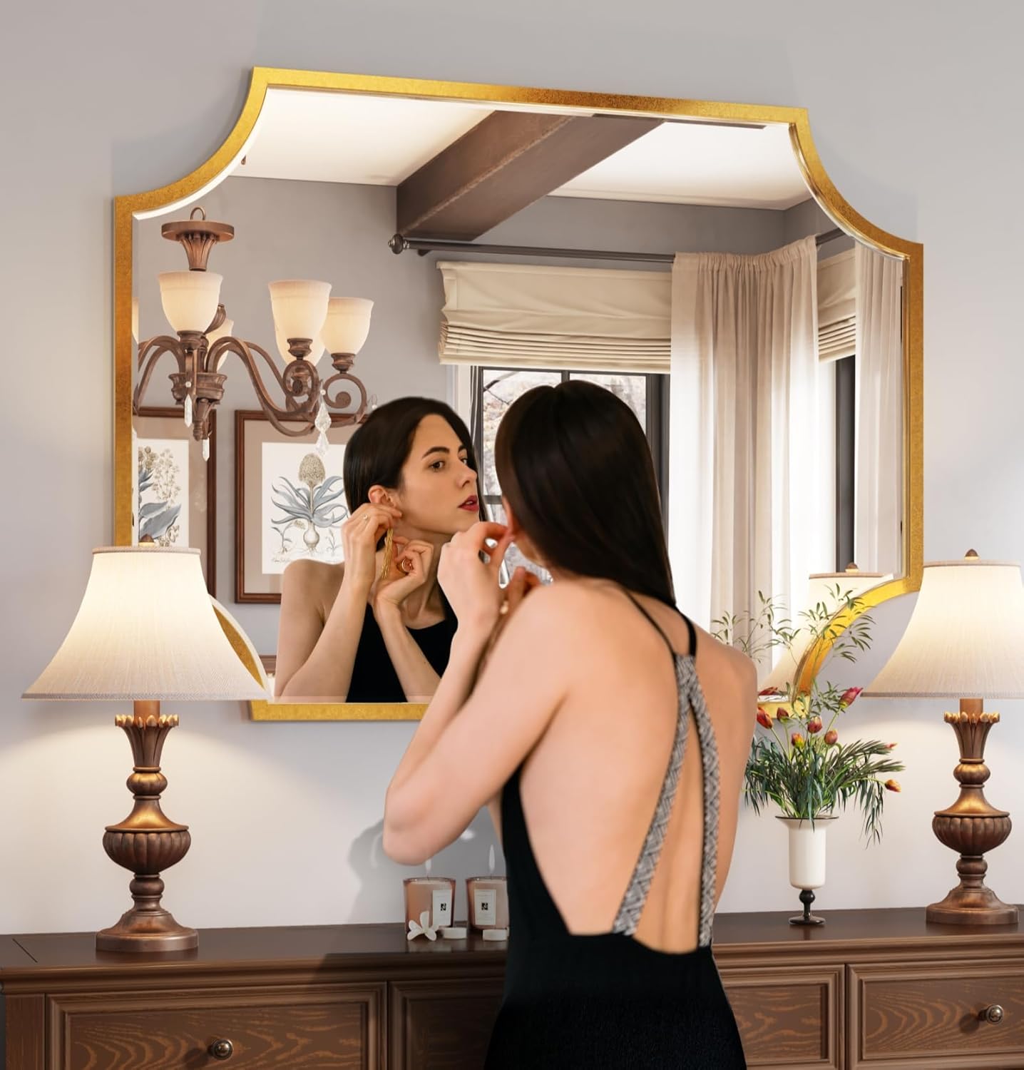 Kelly Miller 30"x40" Large Gold Bathroom Mirror for Wall, Gold Scalloped Vanity Mirror Bevelled Framed Decorative Mirror for Master Bath Half Bath Entrance Hallway Bedroom Living Room Fireplace Mantle
